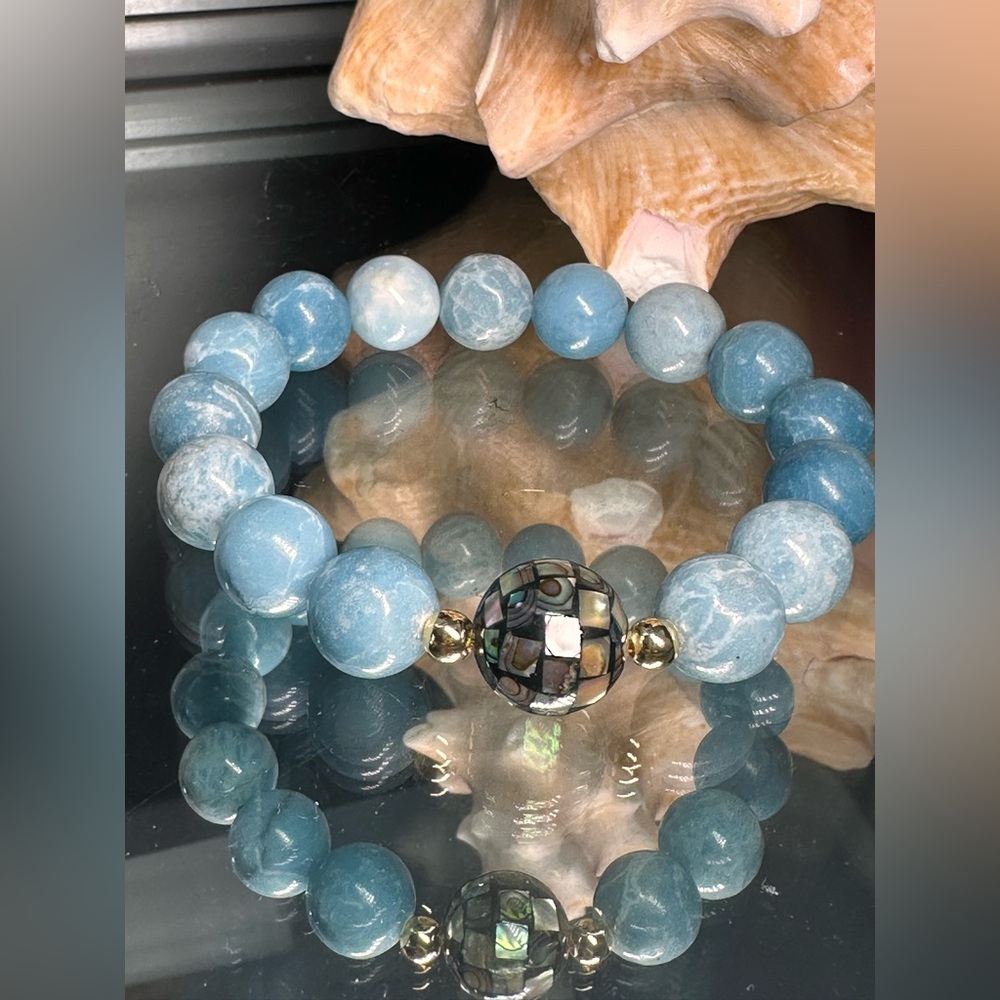 LARIMAR+ ABALONE NATURAL STONES BRACELET size 7” - Picture 6 of 11